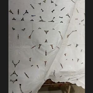 Vintage White Linen Floral Cutwork Tablecloth, Rectangle, 84" x 60".